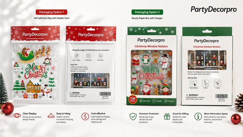 Christmas Window Clings Packaging Options Featuring Clear Header Card Bag and Window Display Box with Custom Branding Solutions