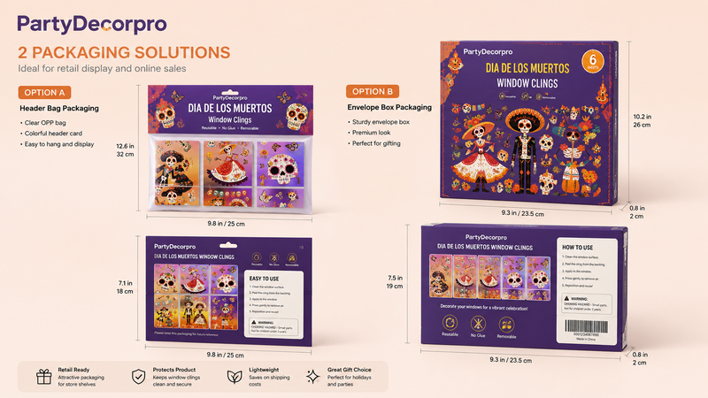Custom Day of the Dead window cling packaging solutions featuring retail header bag packaging and premium carton box packaging with colorful decorative window sticker designs for seasonal party decoration products.