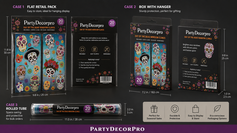 Custom packaging solutions for Day of the Dead window clings featuring flat retail pouch, hanging display box, and protective tube packaging with branded design options for retail and wholesale sales