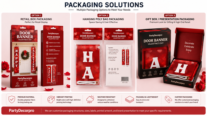 Custom packaging solutions for holiday door banners featuring retail box, hanging poly bag, and premium gift box packaging options for wholesale branding