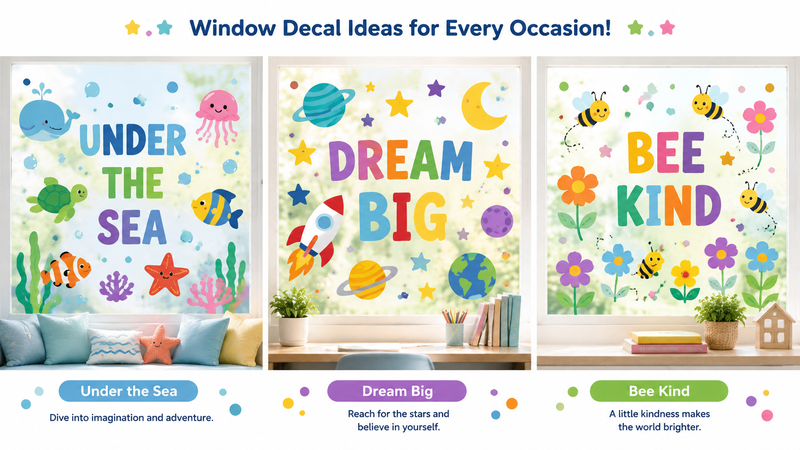 Custom Themed Window Cling Collection Featuring Ocean Adventure, Space Inspiration and Floral Kindness Designs for Kids Room and Classroom Decoration
