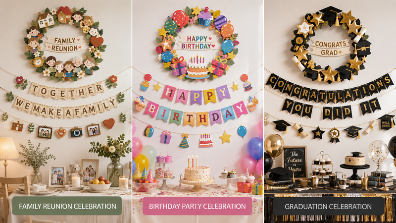 Custom themed wreath and banner decoration set featuring family reunion, birthday party, and graduation celebration designs with coordinated colors and festive event styling