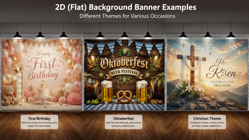First Birthday Oktoberfest and Christian themed backdrop banner concepts with immersive event scenes and customizable party decoration designs