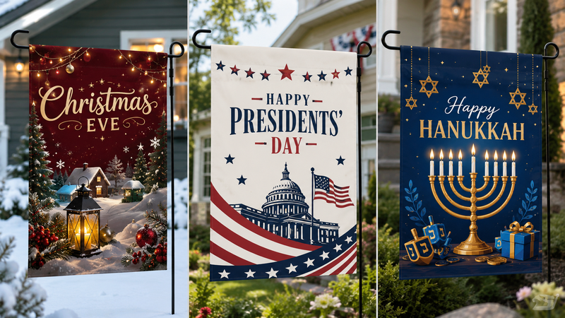 Custom Holiday Garden Flag Design Showcase Featuring Christmas Eve, Presidents’ Day and Hanukkah Themes with Seasonal Outdoor Backgrounds