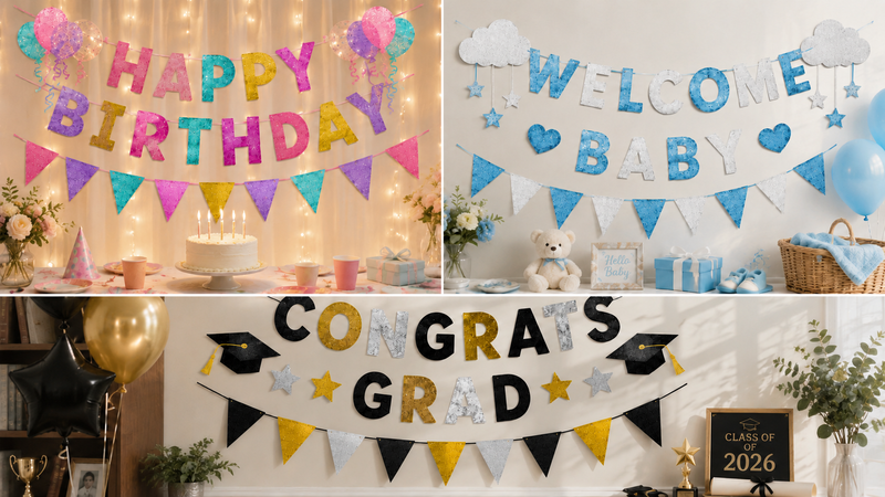 Three themed glitter banner decoration sets featuring birthday party, baby shower, and graduation celebration designs with colorful letters, pennant flags, and festive event backdrops.