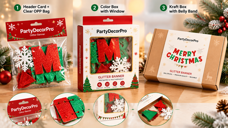 Three custom packaging options for glitter banner decorations including header card OPP bag, window color box, and kraft gift box designed for retail display, branding, and wholesale distribution.