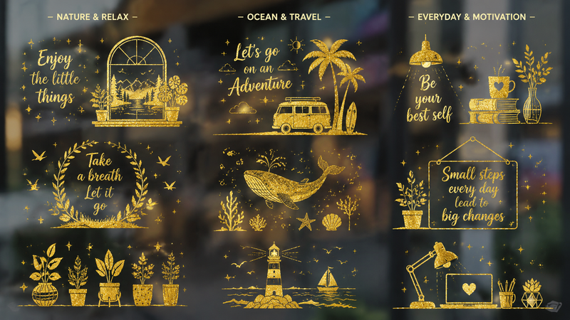 Custom glitter static window cling collection featuring nature, travel, ocean, and motivational designs with gold sparkle effects for home and retail window decoration