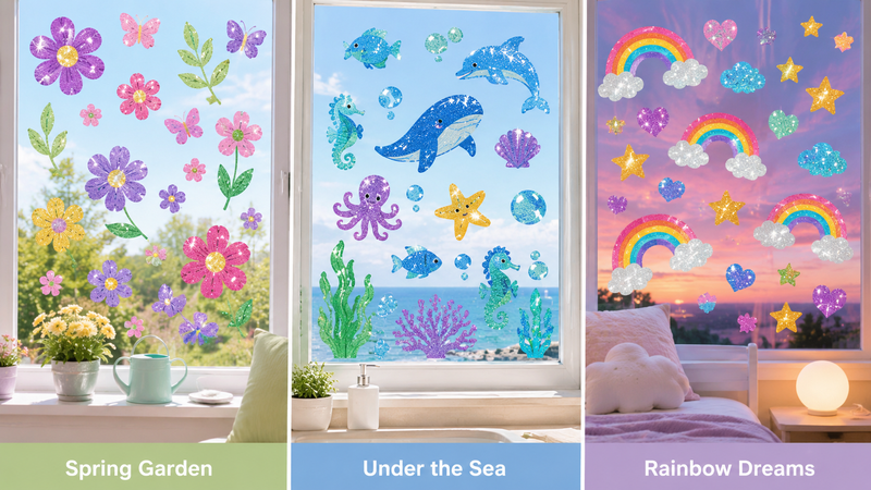 Custom Glitter Window Clings Theme Collection – Floral, Ocean and Rainbow Decorative Static Window Stickers