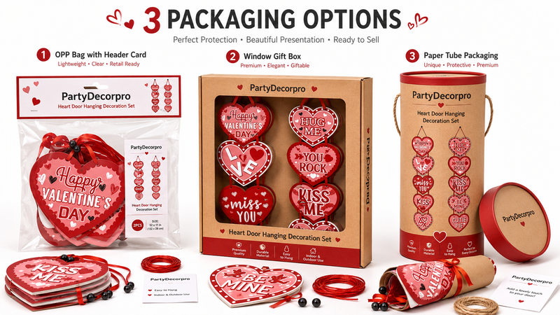 Custom packaging solutions for Valentine's Day heart door hanging decorations featuring poly bag, window gift box, and premium paper tube packaging