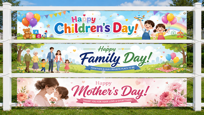 Children's Day, Family Day, and Mother's Day custom outdoor banner design concepts displayed with colorful themed graphics and festive celebration backgrounds.