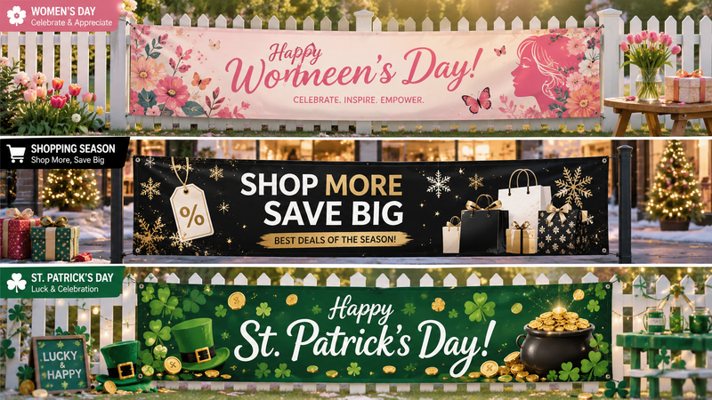 Custom Holiday Banner Design Concepts Featuring Women's Day Shopping Season and St. Patrick's Day Themes with Vibrant Graphics and Event Decoration Applications