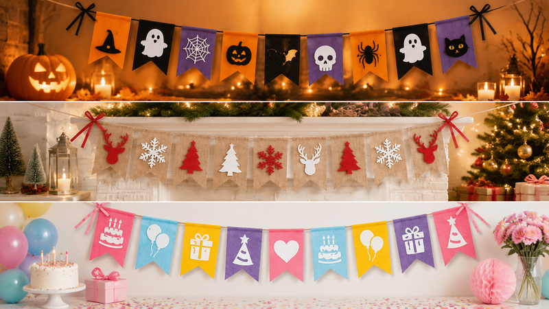 Three themed burlap pennant banner design concepts featuring Halloween, Christmas, and birthday party decorations with festive background scenes and colorful hanging flags