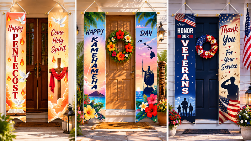 Three custom holiday door banner concepts featuring Pentecost, Kamehameha Day, and Veterans Day themes with vibrant graphics, decorative wreaths, durable hanging construction, and festive porch displays.