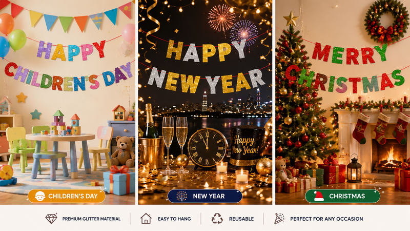 Custom Glitter Letter Banner Ideas for Children's Day, New Year and Christmas Party Decorations