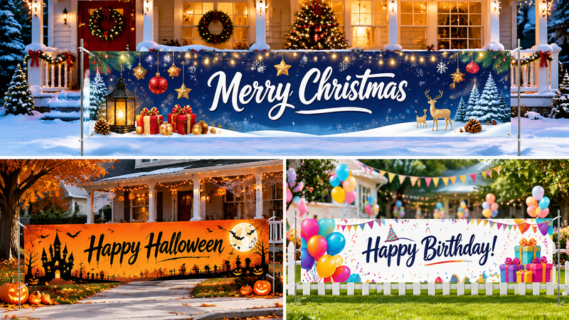 Festive custom banner design collection featuring Halloween, Summer Party, and Birthday themes with vibrant graphics, outdoor display scenes, and high-quality promotional decoration concepts