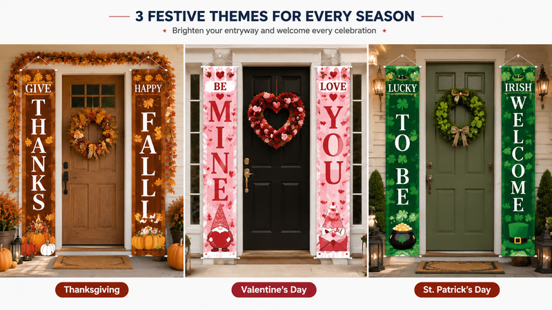 Custom holiday porch banner design concepts featuring Thanksgiving, Valentine’s Day and St. Patrick’s Day themes with decorative front door displays and seasonal outdoor decorations