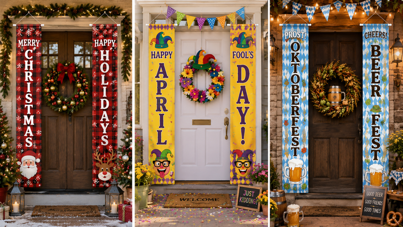 Custom vertical porch banner design concepts featuring Christmas, April Fools' Day and Oktoberfest themes with vibrant seasonal graphics, premium fabric material and decorative front door display scenes.