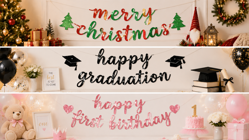 Custom Glitter Banner Designs for Christmas, Graduation and First Birthday Party Decorations