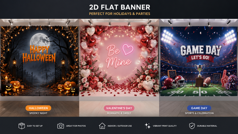 Three themed party backdrop banner designs featuring Halloween, Valentine's Day, and Game Day concepts with immersive decorations, vibrant colors, and customizable event display solutions.