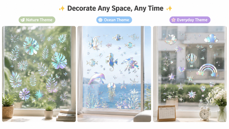 16:9 showcase of customizable holographic window cling designs featuring nature-inspired leaves, ocean animals, and everyday decorative elements with iridescent rainbow reflective effects for glass decoration