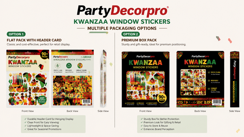 Kwanzaa window cling decal packaging solutions featuring header card bag packaging and premium printed retail box packaging for wholesale and private label customization