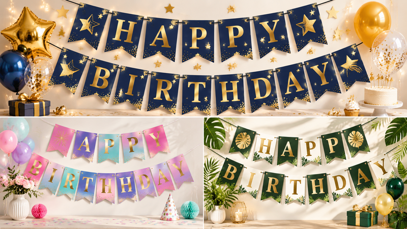 Custom Birthday Banner Theme Collection Featuring Starry, Pastel and Woodland Party Designs