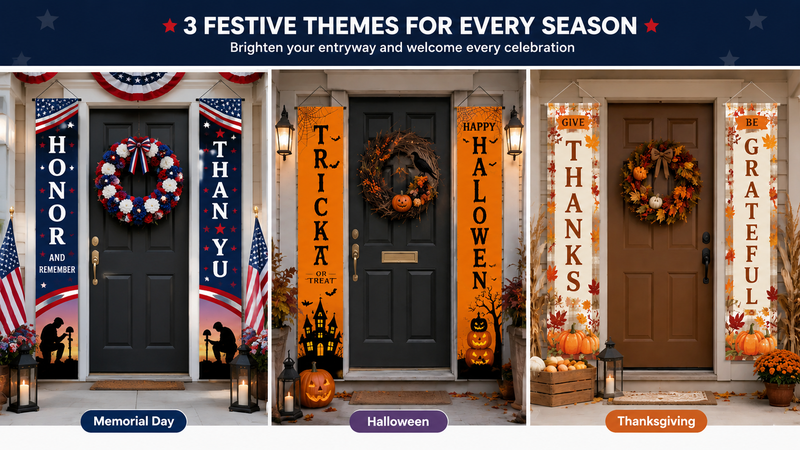 Custom Vertical Door Hanger Banner Design Concepts Featuring Memorial Day, Holiday Celebration and Party Themes with Premium Polyester Fabric
