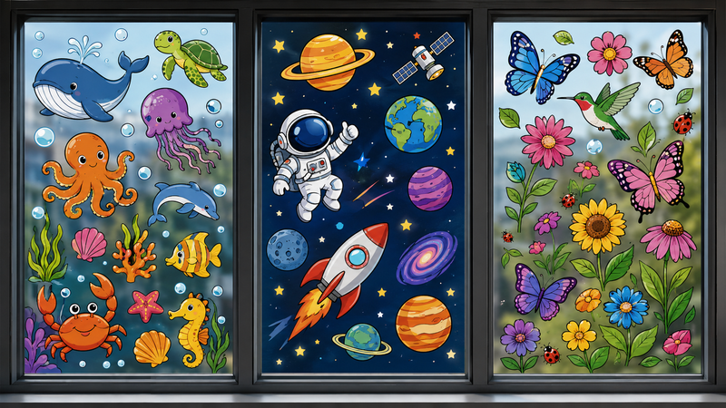 Custom themed window decals featuring ocean animals, space exploration elements, and colorful garden flowers, designed for children's activities, educational displays, seasonal decorations, and branded promotional applications.