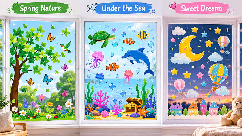 Three themed window cling decal designs featuring ocean animals, outer space elements and spring garden decorations displayed on large windows with colorful removable static cling stickers for seasonal and promotional decoration.