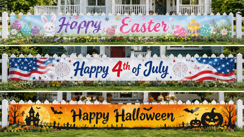 Custom holiday fence banner collection featuring Easter, Independence Day, and Halloween outdoor decoration designs