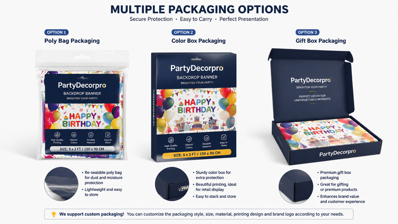 Custom Birthday Backdrop Banner Packaging Solutions Featuring Poly Bag Color Box and Gift Box Designs