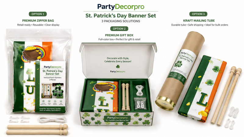 St. Patrick's Day banner packaging solutions featuring zipper bag, premium gift box, and mailing tube with organized accessories for retail, gifting, and wholesale distribution