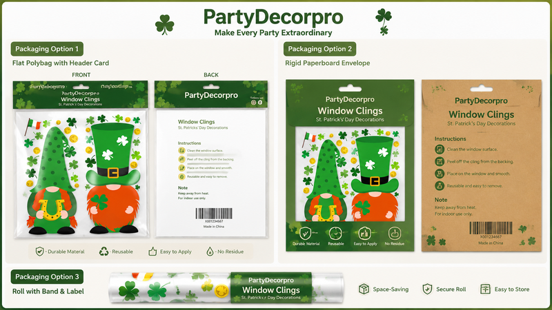 St. Patrick's Day window cling packaging options including header card polybag, paper envelope packaging and roll label packaging for retail and wholesale customization