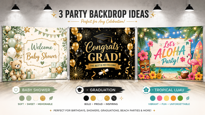 Custom themed party backdrop banner collection featuring baby shower, graduation, and tropical luau designs with vibrant HD printing for event decoration