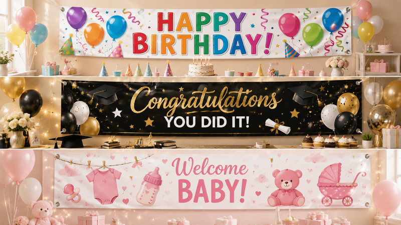Three themed party banners featuring Birthday Party, Graduation Celebration, and Baby Shower designs with immersive event backgrounds, vibrant colors, and customizable decoration solutions.