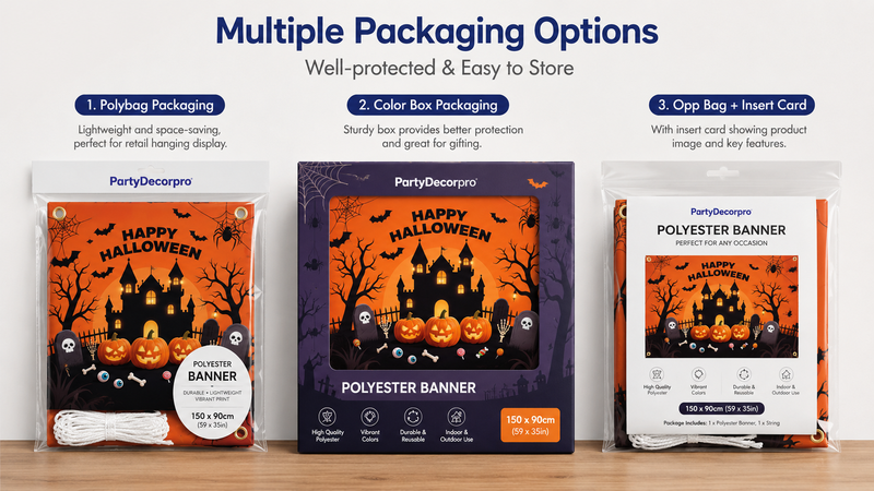 Custom packaging options for polyester backdrop banners including poly bag, color box, and insert card packaging for retail and wholesale presentation