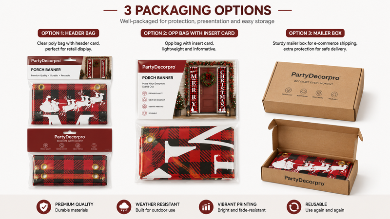 Custom porch banner packaging options featuring header bag, insert card poly bag and kraft mailer box solutions for private label branding and retail display