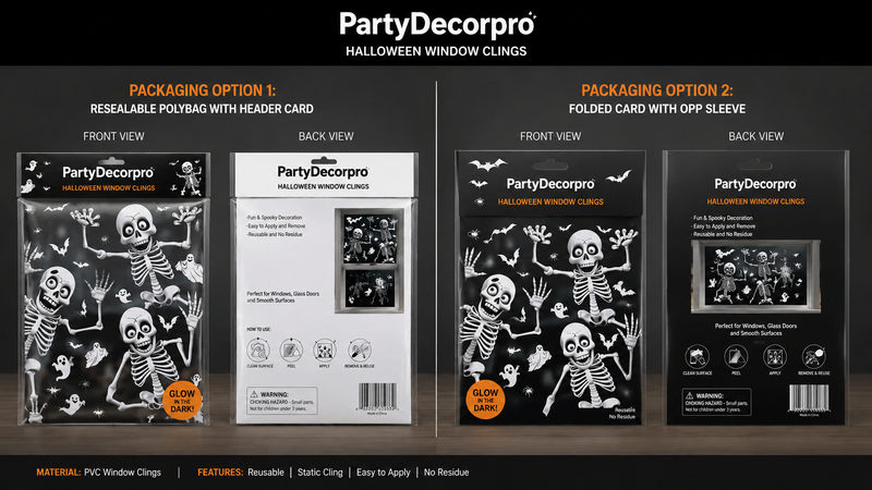 Halloween Window Clings Packaging Options Featuring Resealable Poly Bag and Folded Card Sleeve Custom Retail Packaging Solutions