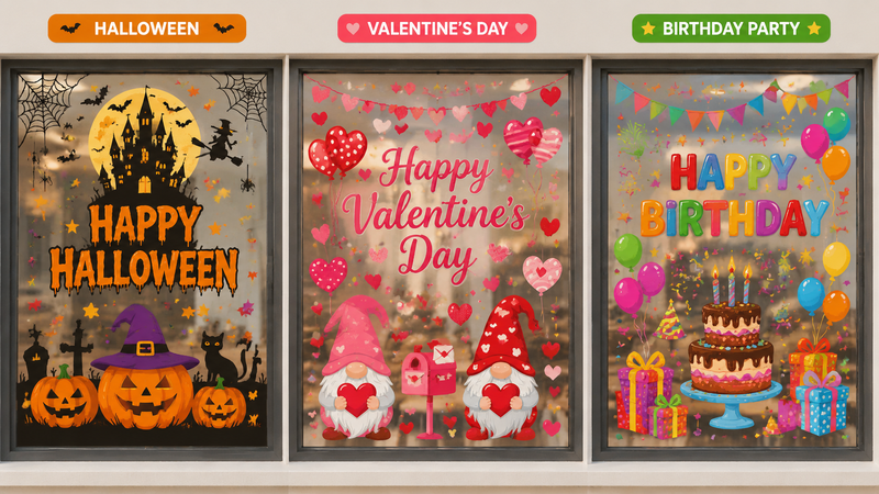 Custom holiday window clings featuring Halloween, Valentine’s Day and birthday party designs for seasonal retail decoration