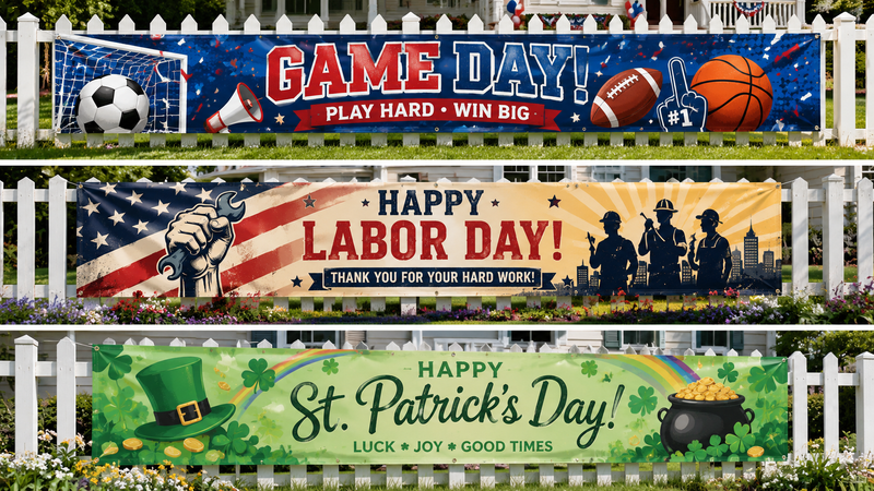 Custom sports event, Labor Day and St. Patrick’s Day outdoor backdrop banners displayed on fence with vibrant themed graphics and festive atmosphere