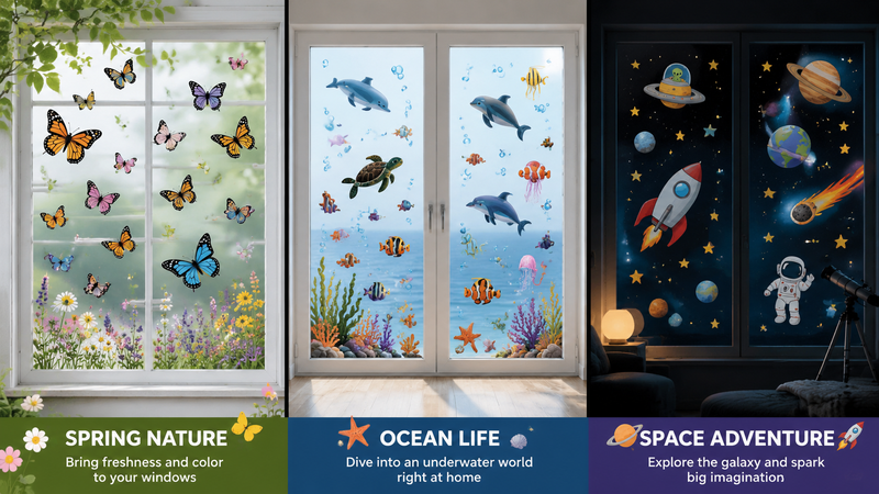 Custom themed window decals featuring spring nature butterflies, ocean life animals, and space adventure elements with reusable static cling decoration designs