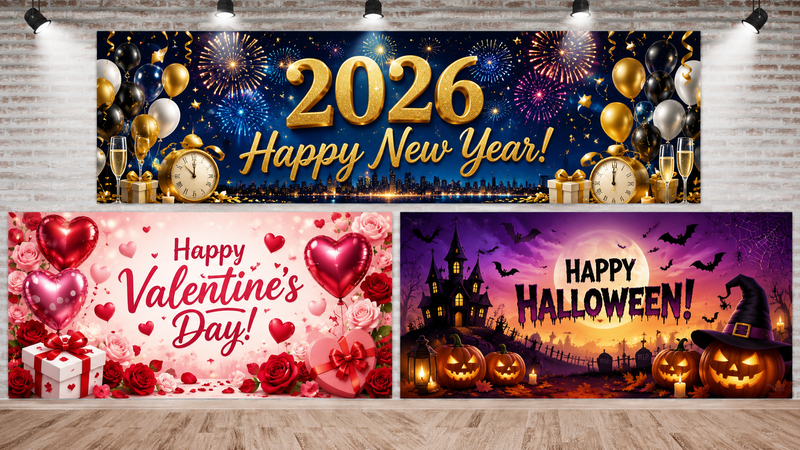 Custom 5x3 ft Party Backdrop Banner Designs for 2026 New Year Valentine’s Day and Halloween Celebrations