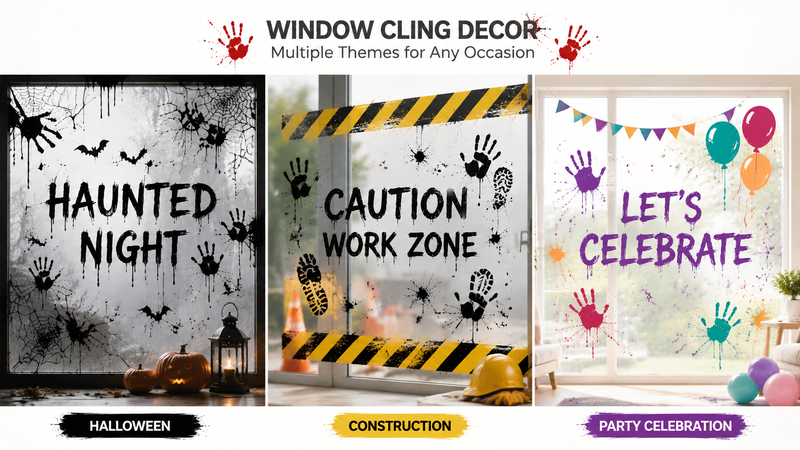 16:9 window cling decoration showcase featuring Halloween haunted theme, construction warning theme, and colorful party celebration theme with reusable static cling decals for windows and glass surfaces