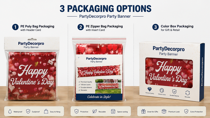 Custom Valentine fence banner packaging options featuring poly bag, zipper bag, and window retail box solutions