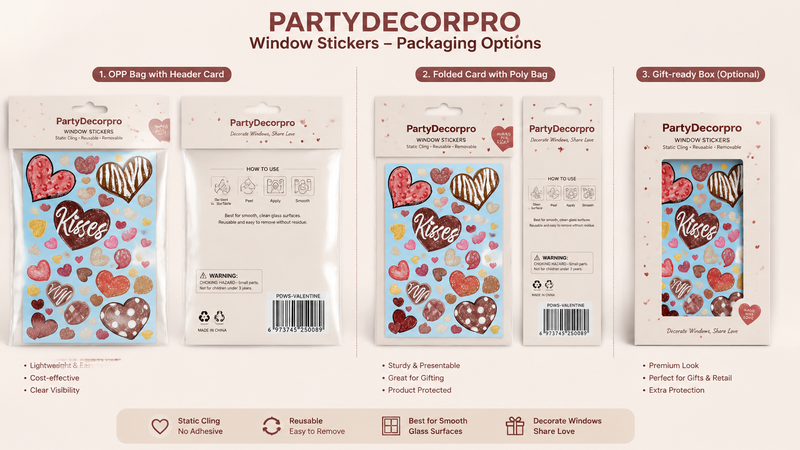 Valentine window cling packaging options featuring header card poly bag, folded card package and retail gift box custom branding solutions