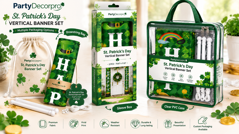 Custom St. Patrick's Day vertical banner packaging concepts featuring drawstring pouch, retail gift box and clear PVC carrying case with custom branding and accessory presentation.