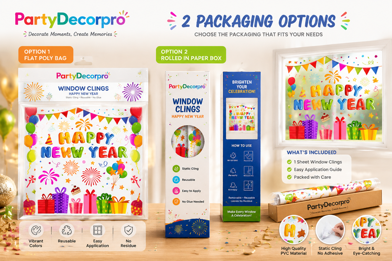 Custom packaging options for reusable window clings featuring paper envelope packaging and OPP bag with header card, retail-ready branded packaging solutions for party decoration products