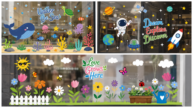 Custom themed window cling stickers featuring underwater sea life, space adventure, and garden flower designs for storefront, retail display, classroom, and promotional window decoration.
