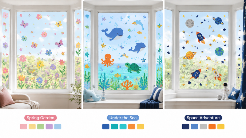 16:9 showcase of custom window cling decoration themes featuring spring flowers and butterflies, underwater sea animals, and space adventure elements applied on large residential windows.