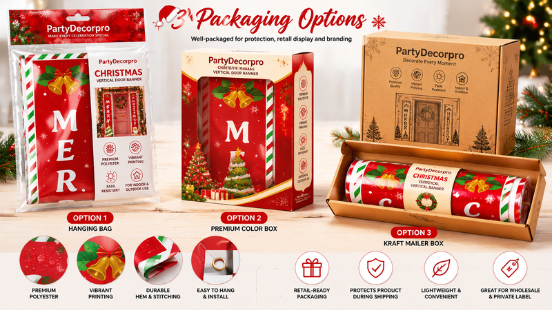Christmas door banner packaging options showcasing hanging bag, premium color box, and kraft mailer for wholesale and retail.
